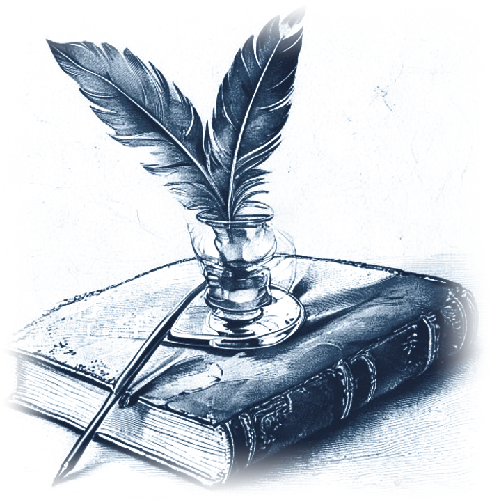 Plume et encrier sur un tome relié, gravure